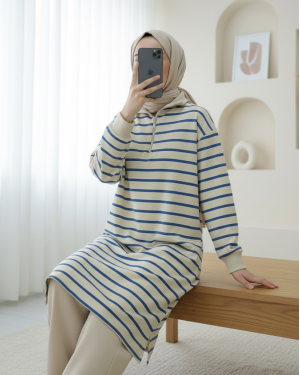 Half Turtleneck Zippered Striped Tunic -İndigo