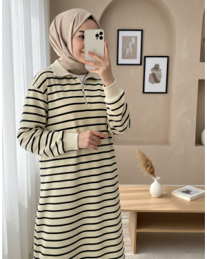 Half Turtleneck Zippered Striped Tunic -Black