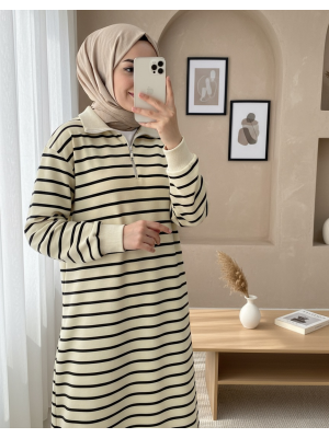 Half Turtleneck Zippered Striped Tunic -Black