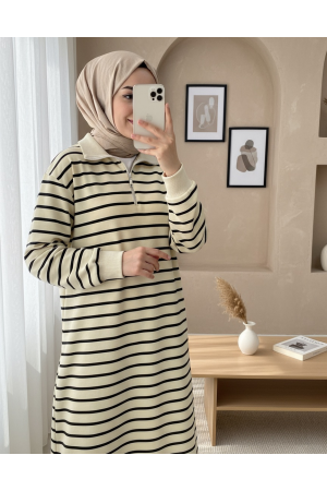 Half Turtleneck Zippered Striped Tunic -Black