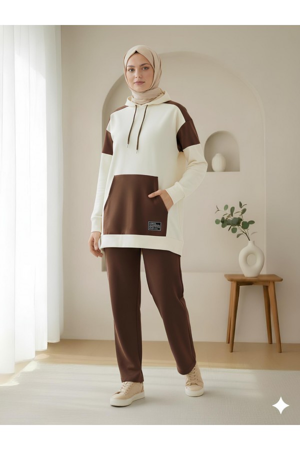 Kangaroo Pocket Two-Tone Suit - Beige