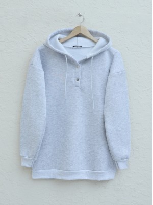 Snap Collar Hooded Raised Three Thread Sweater - Light grey
