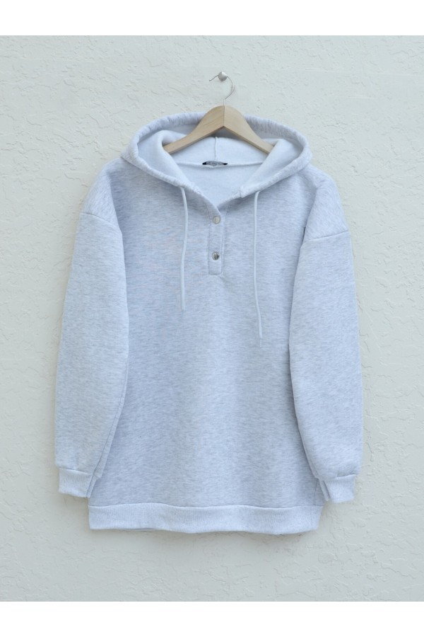 Snap Collar Hooded Raised Three Thread Sweater - Light grey