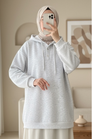 Yakası Çıtçıtlı Kapşonlu Şardonlu Üç İplik Sweat -Açık Gri