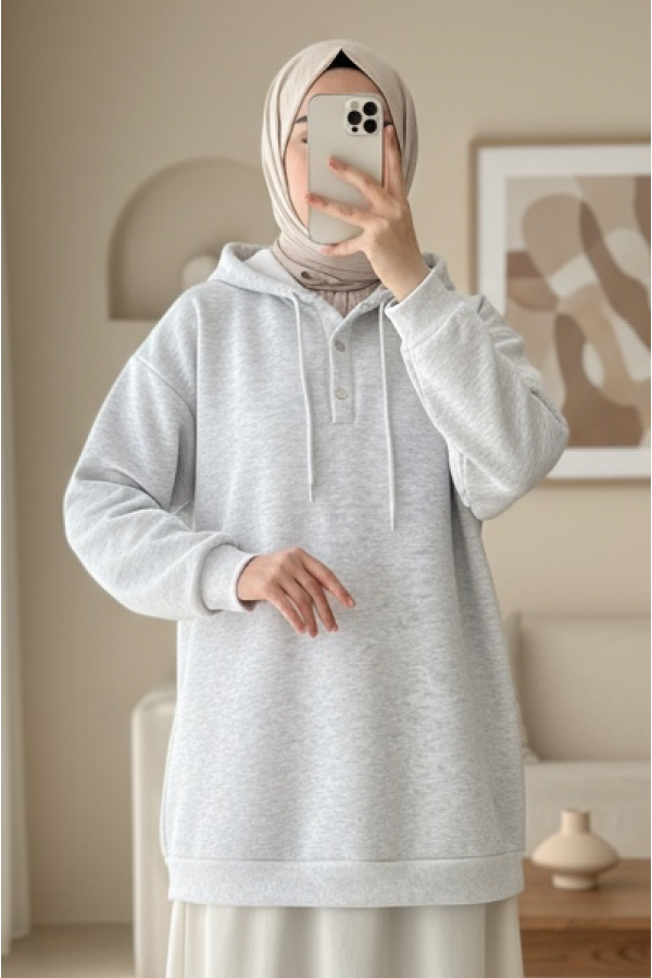 Yakası Çıtçıtlı Kapşonlu Şardonlu Üç İplik Sweat -Açık Gri