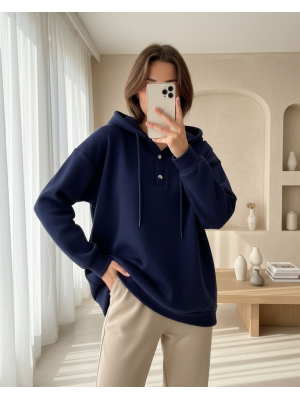 Snap Collar Hooded Raised Three Thread Sweater -Navy blue