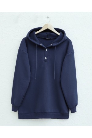 Yakası Çıtçıtlı Kapşonlu Şardonlu Üç İplik Sweat -Laci