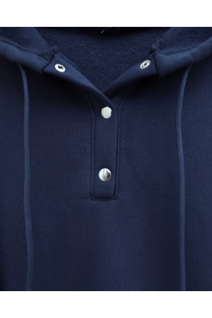 Snap Collar Hooded Raised Three Thread Sweater -Navy blue