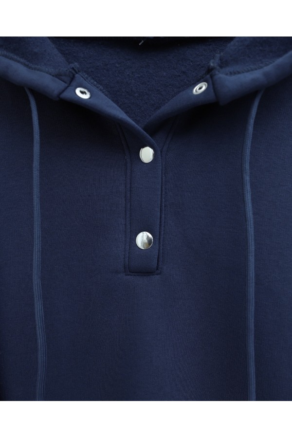 Snap Collar Hooded Raised Three Thread Sweater -Navy blue