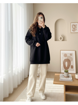 Yakası Çıtçıtlı Kapşonlu Şardonlu Üç İplik Sweat -Siyah