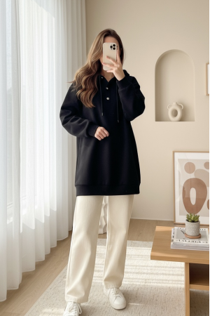 Yakası Çıtçıtlı Kapşonlu Şardonlu Üç İplik Sweat -Siyah