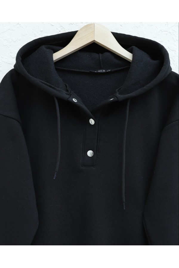 Snap Collar Hooded Raised Three Thread Sweater -Black