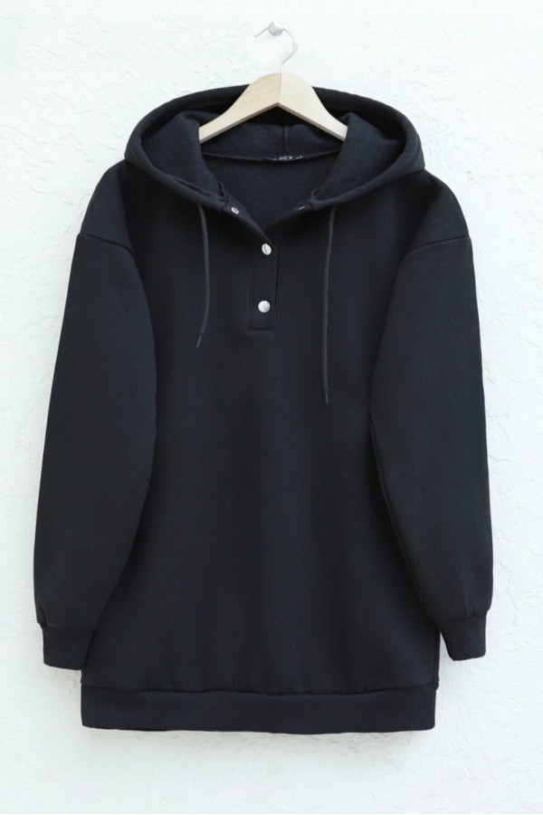Snap Collar Hooded Raised Three Thread Sweater -Black
