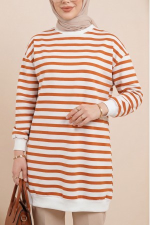 Yan Çizgili Bisiklet Yaka Sweat  -A. Kiremit