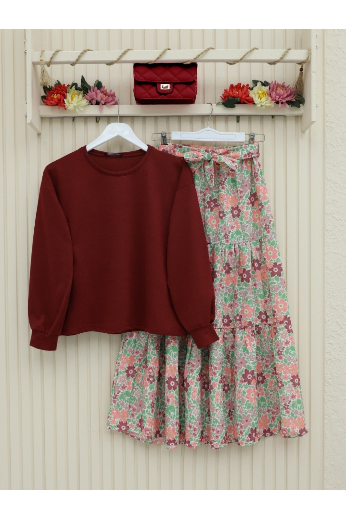 Floral Patterned Belted Two Piece Suit -Maroon
