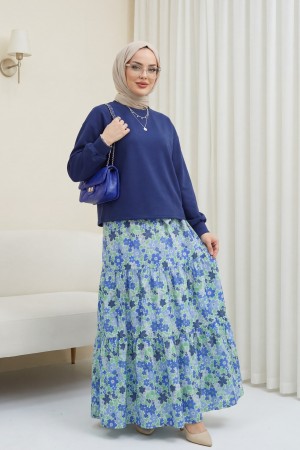 Floral Patterned Belted Two Piece Suit -Navy blue