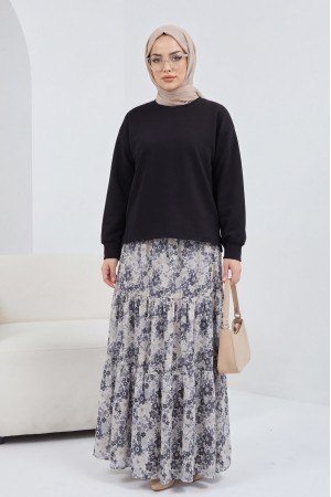 Floral Patterned Belted Two Piece Suit -Black
