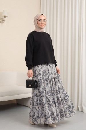 Floral Patterned Belted Two Piece Suit -Black