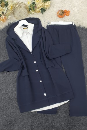 Hooded Flap Pocket Trouser Suit -Navy blue