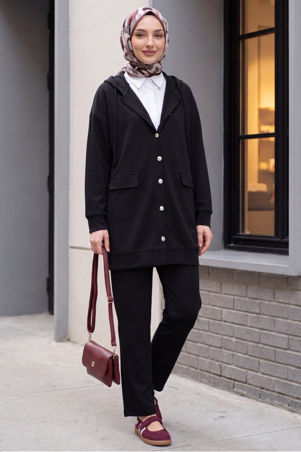 Hooded Flap Pocket Trouser Suit  -Black