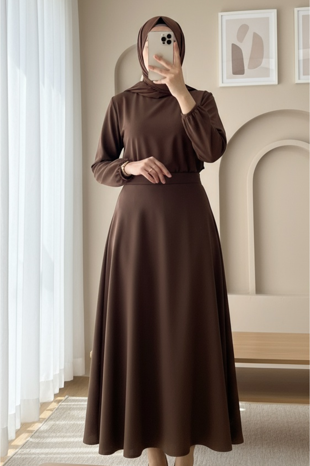 Loose Flared Scuba Puff Skirt   -Brown