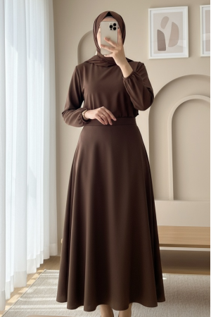 Loose Flared Scuba Puff Skirt   -Brown