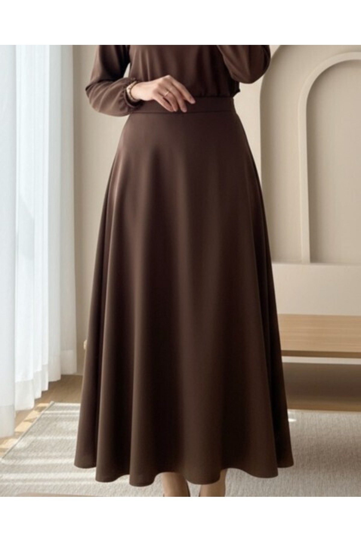 Loose Flared Scuba Puff Skirt   -Brown