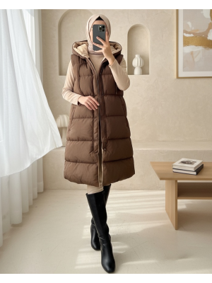 Kapşonlu Çift Taraflı Şişme Yelek  -Kahve