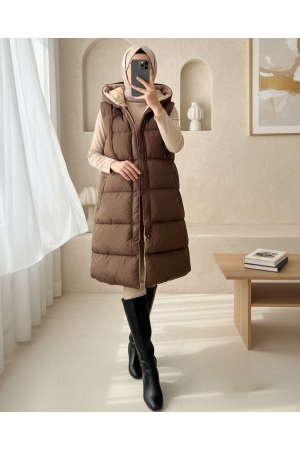 Kapşonlu Çift Taraflı Şişme Yelek  -Kahve