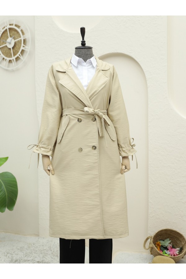 Belted Cape with Laced Cuff - Beige