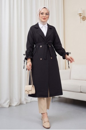 Kolu Manşeti Bağcıklı Kemerli Kap -Siyah