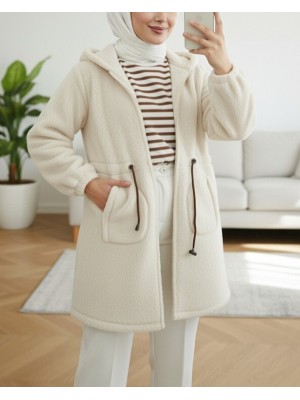 Beli Lastikli Kapşonlu Fermuarlı Peluş Mont -Ekru
