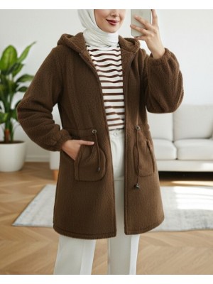 Beli Lastikli Kapşonlu Fermuarlı Peluş Mont -Kahve