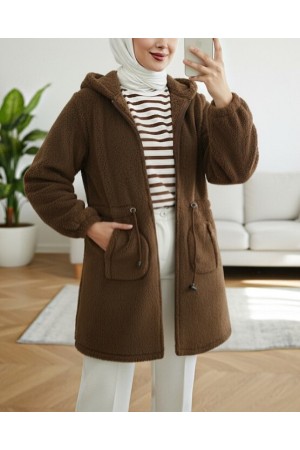 Elastic Waist Hooded Zippered Plush Coat -Brown
