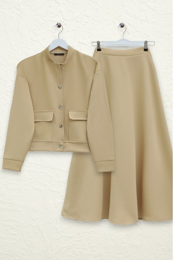 Double Pocket Metal Buttoned Skirted Scuba Suit -Mink color