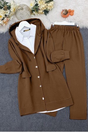 Kapşonlu Kapaklı Cepli Pantolonlu Takım   -Taba