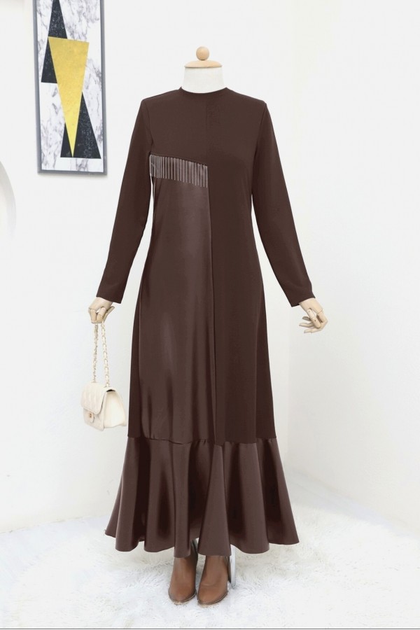 Leather Detailed Metal Chain Dress  -Brown
