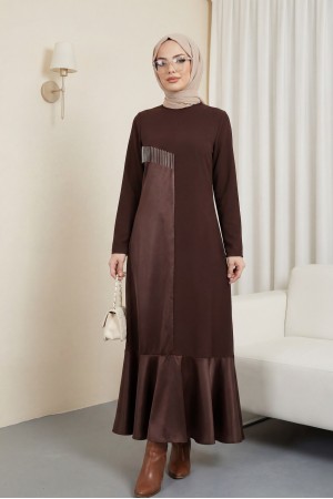 Deri Detaylı Metal Zincirli Elbise  -Kahve