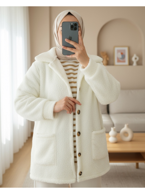 Boydan Düğmeli Cepli Pelüş Ceket -Ekru