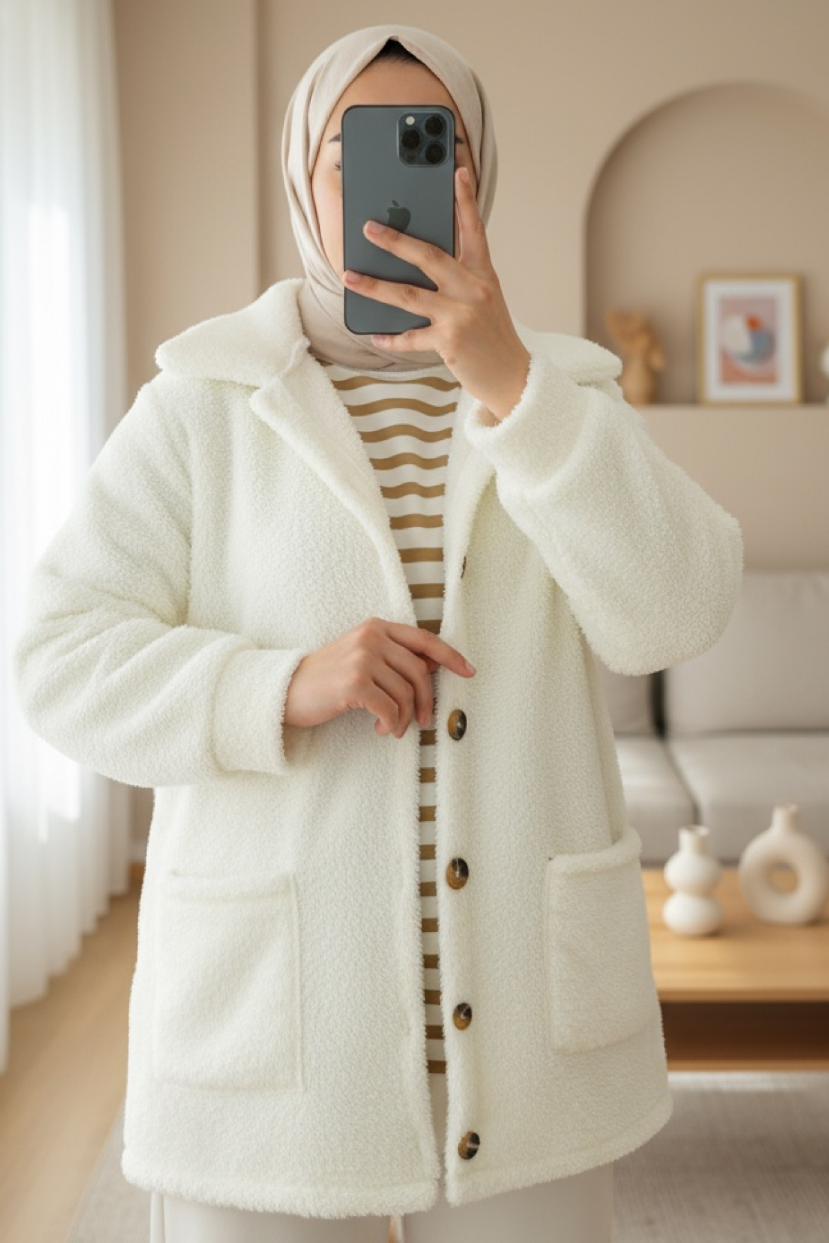Plush Jacket with Buttoned Pockets -Ecru