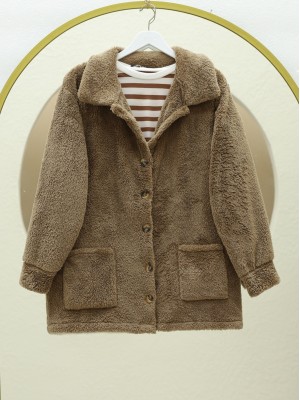 Boydan Düğmeli Cepli Pelüş Ceket -Kahve