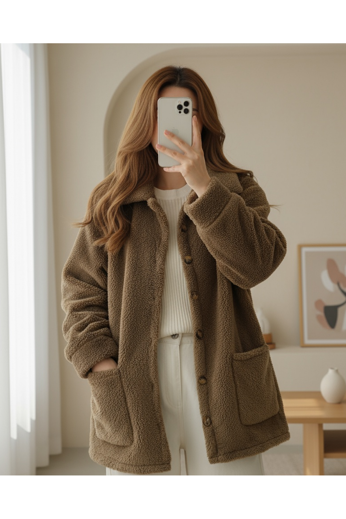 Plush Jacket with Buttoned Pockets -Brown
