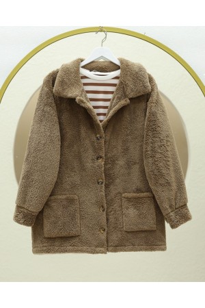 Plush Jacket with Buttoned Pockets -Brown