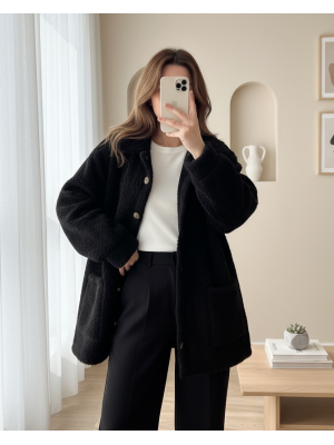 Boydan Düğmeli Cepli Pelüş Ceket -Siyah