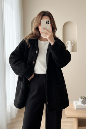 Plush Jacket with Buttoned Pockets -Black