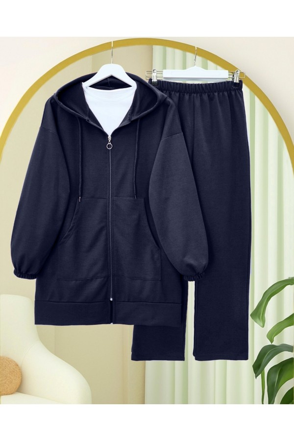Zippered Hooded Combed Cotton Set     -dark lacquer
