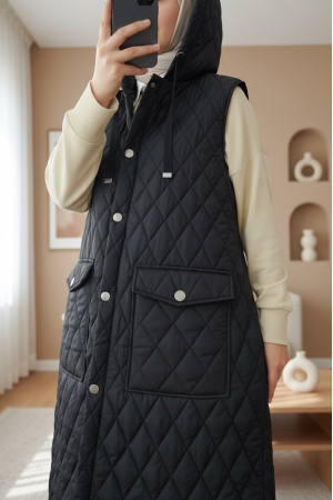 Kapaklı Cepli Kapitone Yelek -Siyah