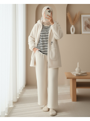 Beli Lastikli Kapşonlu Fermuarlı Peluş Mont  -Bej