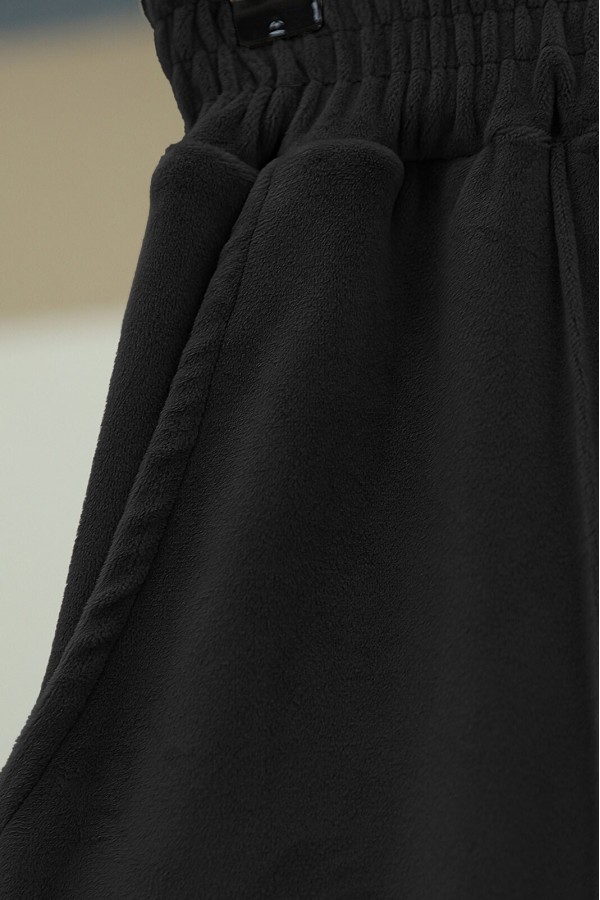 Çımalı Beli Lastikli Kadife Pantolon -Siyah