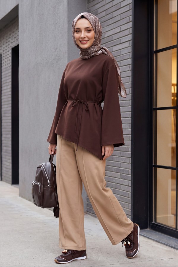 Çımalı Beli Lastikli Kadife Pantolon -Vizon